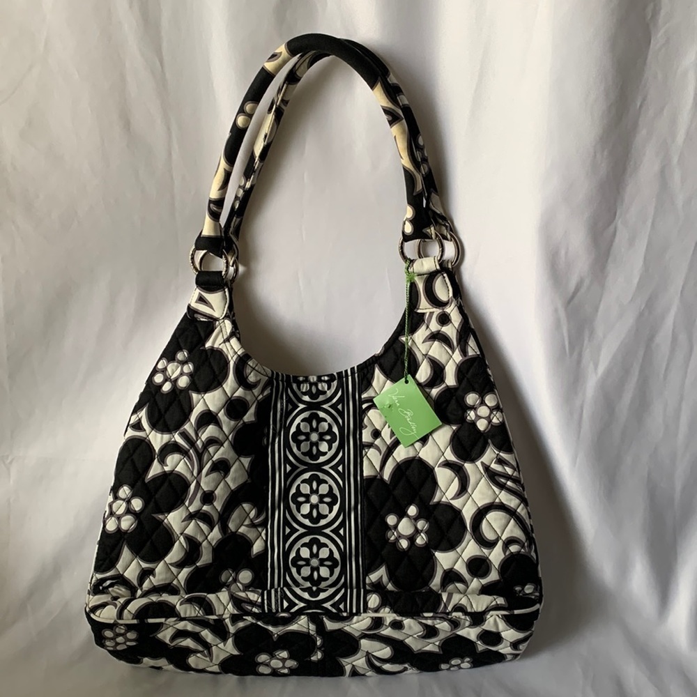 Vera Bradley Black White Large Hobo Handbag Quilted Floral Pattern Purse